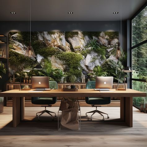 When you set out to furnish an office for a client, and it turns out like this... 😊 #office #client #green #biophilic #midjourney #wood #officedesign #view #nature #teja_mrzek Office Interior Design Nature, Natural Office Design Inspiration, Biophilic Home Office, Office In Nature, Indoor Outdoor Office, Office With Plants Interiors, Green Aesthetic Office, Nature Office Decor, Biophilic Workspace