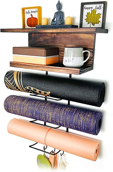 Yogi Décor Shelf Yoga Mat Holder Wall Mount - Strong Yoga Mat Storage Rack - Elegant Wood Floating Shelves - 3 Metal Hooks for Exercise Equipment - Gym Wall Organizer Gym Wall Organizer, Yoga Den, Yoga Mat Rack, Gym Equipment Workout, Yoga Mat Holder, Yoga Mat Storage, Gym Wall, Picture Shelves, Wall Organizer