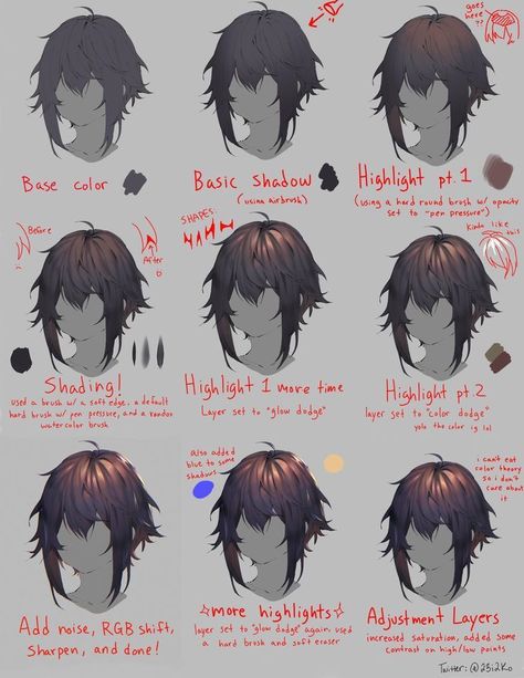 How To Colour Black Hair Digitally, Hair Shadow Drawing, Shade Black Hair Digital, Shading Black Hair Digital, Black Hair Rendering, How To Paint Black Hair, Shading Black Hair, Black Hair Shading, Hair Shading