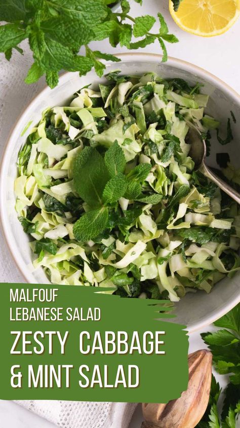 Get ready for a fresh and zesty salad you're going to love. This Lebanese Malfouf is not only a delightful salad but a celebration of colors, tastes, and aromas. 💚🥗 Packed with nutrients from the cabbage mixture as well as aromatic mint, it's a perfect addition to any meal. Zesty Salad, Main Salad, Super Salads, Vegetarian Cabbage, Cabbage Salad, Lentil Recipes, Kinds Of Salad, Vegan Salad, Middle Eastern Recipes