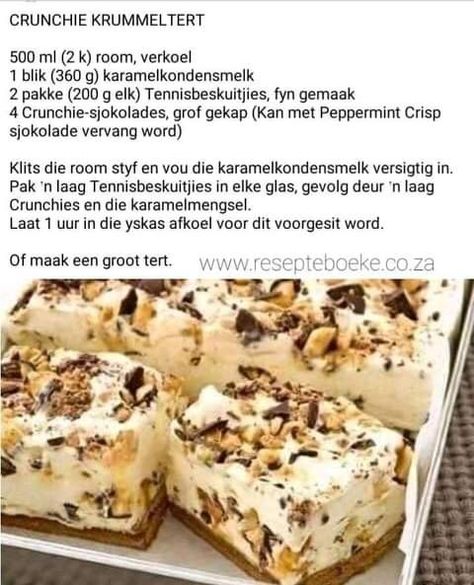 Crunchie Caramel Tart, Suid Afrikaanse Poeding Resepte, Nagereg Resepte, Condensed Milk Recipes Desserts, Milk Recipes Dessert, South African Desserts, Easy Tart Recipes, African Dessert, Sweet Treats Desserts