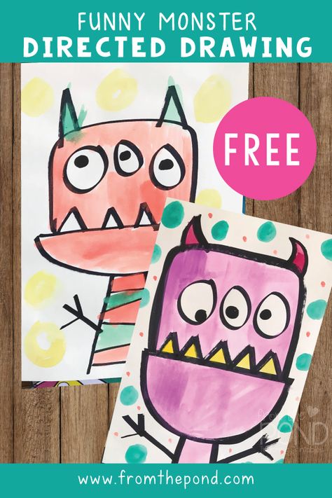 Everyone loves a funny monster! Draw and paint these whimsical cuties today - perfect for Halloween! Monster Directed Drawing, Monster Drawing Ideas, Direct Drawing, Directed Drawing Kindergarten, Trin For Trin Tegning, Visual Art Lessons, Kindergarten Art Lessons, Fall Kindergarten, Newspaper Art