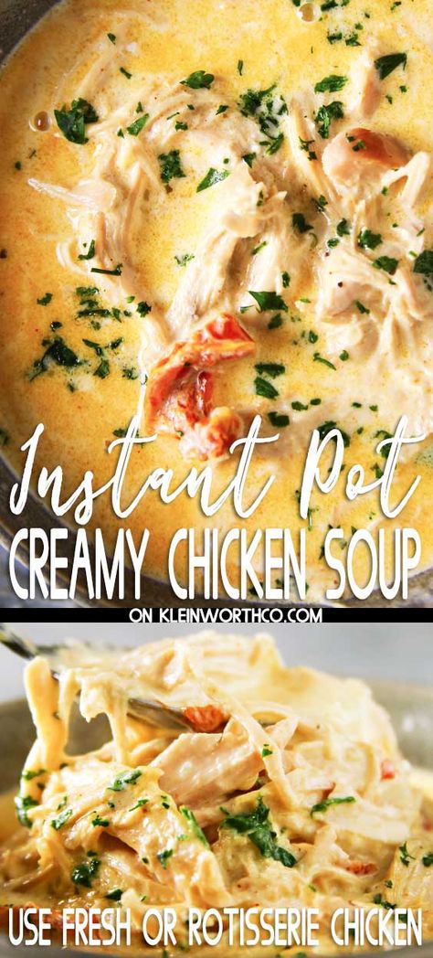 Instant Pot Creamy Chicken Soup made in the pressure cooker with either fresh, leftover or rotisserie chicken along with sun-dried tomatoes, cheese & more. Positively delicious! (recipes for slow cooker & stovetop too) Instant Pot Creamy Chicken Soup, Easy Holiday Side Dishes, Dinner Favorites, Creamy Chicken Soup, Easy Soup, Easy Instant Pot Recipes, Mouthwatering Recipes, Quick Easy Dinner, Insta Pot