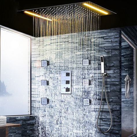 Shower Ceiling Thermostat Rain Shower Faucets Set LED Electric ShowerHeads Rainfall Duchas Body Massage Shower Jets Bath Set Rain Shower Head Ceiling, Ceiling Shower Head, Shower Remodel Diy, Small Shower Remodel, Rain Shower System, Bathroom Led, Shower Jets, Fiberglass Shower, Waterfall Shower