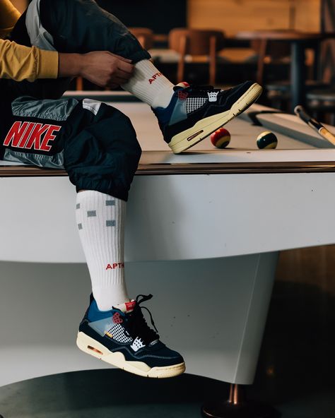 Union La X Air Jordan 4 Retro Outfits, Air Jordan 4 Union, Jordan 4 Union, Sneakers Jordan, Jordan 4s, Cheap Sneakers, Nike Shoes Jordans, Sneaker Style, Socks Sneakers