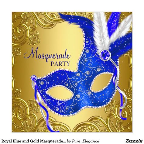 Quinceanera Masquerade, Sweet 16 Masquerade Party, Masquerade Party Invitations, Blue Sweet 16, Masquerade Party Decorations, 16th Birthday Invitations, Sweet 16 Birthday Party, Sweet 16 Invitations, Royal Blue And Gold