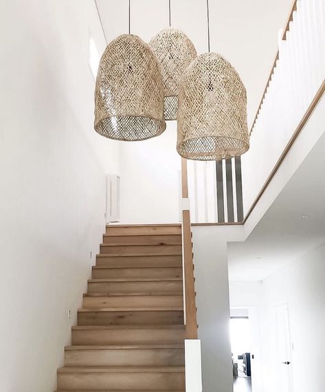 Stair Lighting Pendant, Scandinavian Hallway, Scandinavian Pendant Lighting, Wicker Chandelier, Staircase Pendant Lighting, Stairwell Chandelier, Entryway Pendant Lighting, Staircase Lighting Ideas, Scandinavian Chandelier