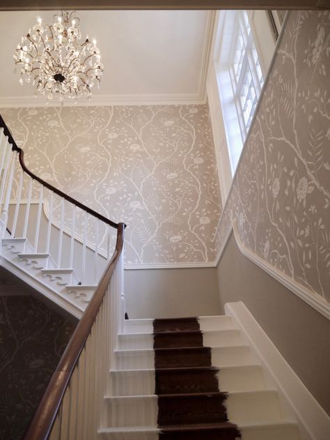 Lewis and Wood Jasper Peony wallpaper transforming this dark entrance hall. Lewis And Wood Jasper Peony, Wallpaper Landing Hallways, Wallpaper For Hallway Stairs, Lewis Wood Wallpaper, Hallway Stairs Wallpaper, Jasper Peony Wallpaper, Wallpaper Ideas For Stairs Wall, Landing Wallpaper Ideas, Hall With Wallpaper