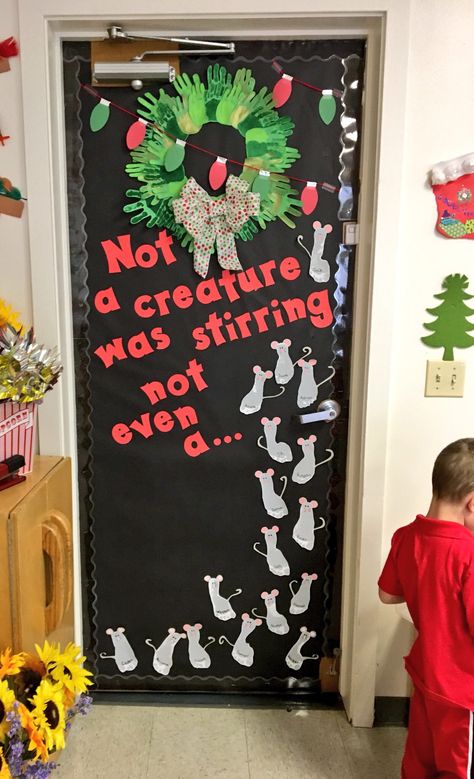 Obsessed with my Christmas door! Christmas Door Covering, Infant Classroom Door Ideas Christmas, Christmas Door Infant Room, December Classroom Door Ideas Preschool, Christmas Door Decorations For Toddlers, Christmas Infant Door Ideas, December Preschool Door Ideas, Class Christmas Door, Infant Room Christmas Door