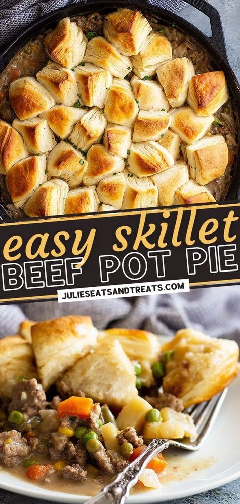 Looking for more easy dinner options? This Skillet Beef Pot Pie is sure to be a hit with the whole family! Filled with vegetables, homemade gravy, and topped with biscuits, it is the ultimate comfort food. Plus, it can be on your table in 35 minutes! Save this recipe! Ground Beef Pot Pie With Biscuits, Hamburger Pot Pie With Biscuits, Hamburger Pot Pie Ground Beef, Hamburger Meat Recipes With Biscuits, Beef Pot Pie With Biscuits, Ground Beef And Biscuit Recipes, Hamburger Pot Pie, Ground Beef And Vegetables, Easy Homemade Gravy