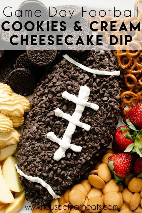 Score a touchdown with this easy and fun Football Cookies & Cream Cheesecake Dip for your next Game Day party and get ready to receive rave reviews! Whether you are there for the game or for the half-time show and commercials, this simple dessert dip with Oreo cookies and mini chocolate chips can be made in 15 minutes! | game day dessert ideas | superbowl party dessert ideas | superbowl party desserts football treats | superbowl party dip recipes | football dip recipes | football desserts id Cookie Dough Football Dip, Cookies And Cream Football Dip, Cheesecake Football Dip, Superbowl Dessert Dip, Football Oreo Dip Recipe, Football Party Snacks Easy, Football Oreo Dip, Football Sunday Dessert Ideas, Football Cheesecake Dip