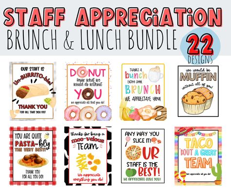 Lunch & Bruch Staff Appreciation Sign Bundle of 22. - Etsy Teacher Appreciation Food Ideas For Staff, Teacher Appreciation Baked Potato Bar, Teacher Puns Staff Appreciation, Nursing Home Week Ideas For Staff, Bagel Donut, Brunch Signs, Employee Appreciation Week, Employee Appreciation Ideas, Donut Sign