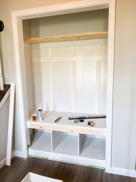 DIY Mudroom Closet Makeover – Come Stay Awhile by Amanda Vernaci | Modern Farmhouse DIY + Home Renovation Entry Closet Makeover, Mudroom Closet Makeover, Closet Bench, Front Hall Closet, Mudroom Closet, Front Closet, Window Mudroom, Mudroom Makeover, Closet Diy