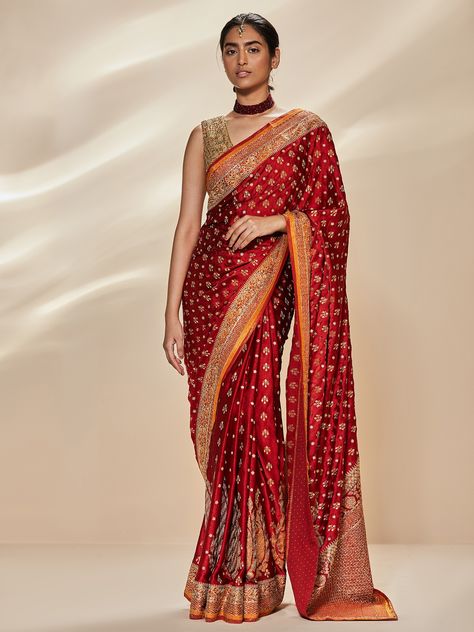 Ritu Kumar Red & Saffron Parampara Zardozi Embroidered Saree With Unstitched Blouse FIT TYPE: LOOSE FITTED USD 6,431 Ritu Kumar Saree, Designer Anarkali Suits, Indian Bride Outfits, Ritu Kumar, Designer Anarkali, Embroidered Saree, Satin Saree, Embellished Blouse, Embroidery Saree