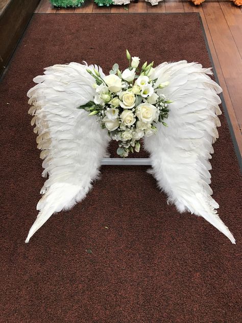 Diy Memorial Flowers For Grave, Memorial Flowers Arrangements Diy, Graveside Flowers, Angel Flower Arrangements, How To Make Flower Arrangement For Grave, Angel Wing Flower Arrangement, Angel Wing Floral Arrangements, Angel Wings Flower Arrangement, Angel Wings Floral Arrangement