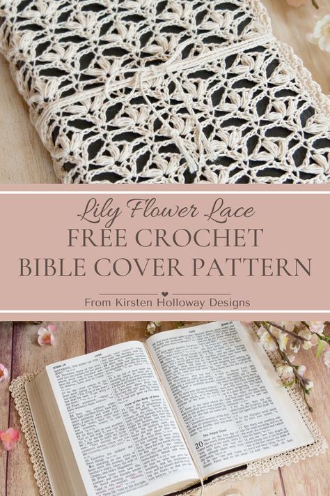 A beautifully delicate lace bible cover using the lily flower stitch and made from a free crochet pattern Crochet Bible Cover, Bible Cover Pattern, Book Sleeve Pattern, Diy Book Cover, Crochet Projects To Sell, Crochet Book Cover, Flower Stitch, Crochet Pattern Instructions, Glove Pattern