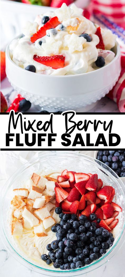 Easy Berry Cheesecake Fluff (sometimes called "fluff salad") is loaded with cream cheese, homemade whipped cream, fresh berries, and chunks of angel food cake. It is full of cheesecake flavor, takes only minutes to prepare, and is a hit at any party! The red, white & blue colors make it perfect for Memorial Day, 4th of July, or any patriotic party! | www.persnicketyplates.com Angel Food Cake With Strawberries And Blueberries, Fourth Of July Angel Food Cake Dessert, Angel Food Cake Salad, Angel Food Desserts, Berry Fluff Salad, Berry Cheesecake Fluff, Fluffy Salad, Berry Fluff, Baking Night