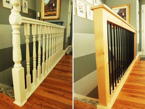 Old stair railing to an industrial design - Home Decorating Trends - Homedit Updating Railings Stairways, Couch In Front Of Stairs, Inside Railing Ideas Banisters, Updated Bannister Ideas, Wall Banister Ideas, Upstairs Railing Ideas, Interior Railing Design, How To Update Stair Railing, Indoor Banister Ideas