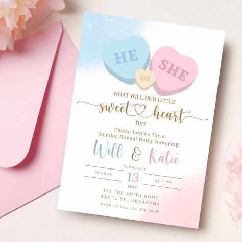 Valentines Gender Reveal Ideas, Valentines Gender Reveal, He Or She Gender Reveal, Themed Gender Reveal, Valentines Theme, Gender Reveal Themes, Watercolor Invitation, Baby Reveal Party, Valentine Theme