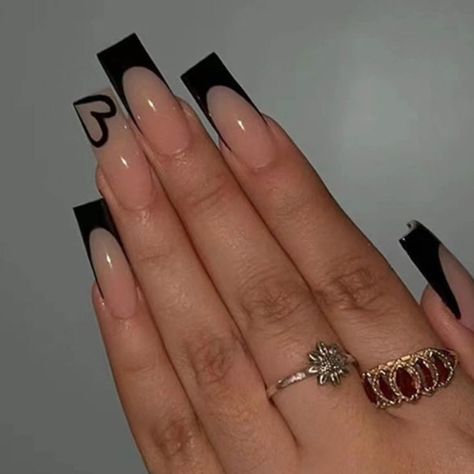 Black French Nails, Square Press On Nails, Heart Nail Designs, Sculpted Nails, Short Fake Nails, Press On Nails Short, Cute Simple Nails, October Nails, Simple Acrylic Nails