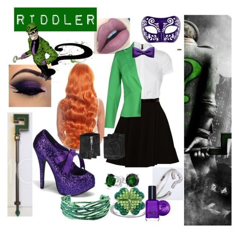 Female Riddler by chandlers-bae on Polyvore featuring polyvore fashion style Alice + Olivia Dsquared2 Bordello Cuteberry Roberto Cavalli Bling Jewelry Karl Lagerfeld ZuZu Kim FACE Stockholm Masquerade Female Riddler Costume, Female Riddler, Harley Quinn Decor, Riddler Cosplay, Riddler Batman, Riddler Costume, Harley Costume, Edward Nygma, Joker Halloween