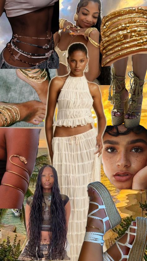 Bohemian white skirt co-ord set, bohemian braids, gold jewelry, platform sandals, natural make up look. Earthy Aesthetic Fashion, Goddess Look, Caribbean Outfits, Boho Fits, Goddess Outfit, Island Outfit, Caribbean Style, Boho Picnic, Bohemian Aesthetic