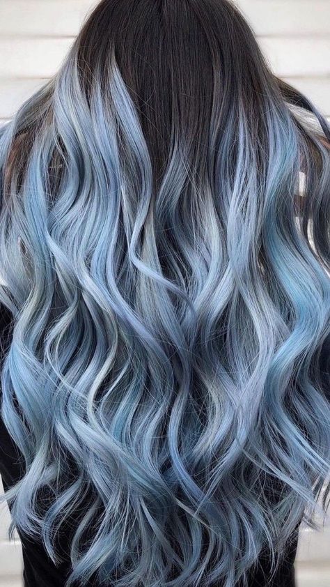 Blonde And Denim Blue Hair, Ice Blue Balayage, Gray Hair Blue Highlights, Light Blue Balayage Hair, Ice Blue Hair Ombre, Icy Blue Hair Ombre, Icy Blue Highlights Brown Hair, Cute Blue Hair Ideas, Shark Blue Hair Color