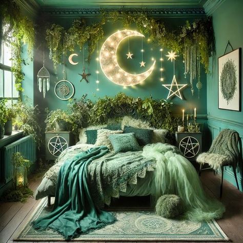 Magical Forest Bedroom Ideas, Enchanted Forest Aesthetic Room, Dark Celestial Bedroom, Magical Bedroom Ideas For Adults, Green Theme Room, Green Color Bedroom, Green Witch Bedroom, Enchanted Forest Bedroom Ideas, Celestial Room Aesthetic