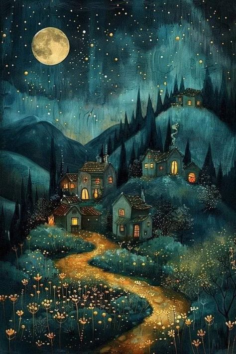 Fairytale Art Illustration Beautiful, Night Scene Illustration, Moon Illustration Aesthetic, Moon Scenery Drawing, Fairytale Wallpaper Aesthetic, How To Paint Light, Rain Art Illustration, Fairytale Art Illustration, Fall Illustration Art