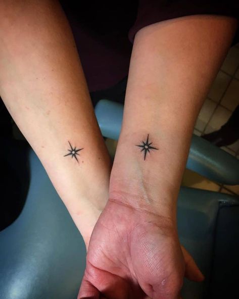 Mother Daughter Star Tattoos, Minimal Couple Tattoo, Small Matching Tattoos Mom And Daughter, Matching Star Tattoos, Pulsar Map, Mother Daughter Tattoo Ideas, North Star Tattoo, Best Star Tattoos, Minimal Couple