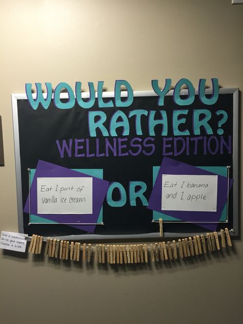 Would You Rather Bulletin Board #bulletinboard #reslife #healthandwellness Interactive Bulliten Boards For School, Interactive Work Bulletin Board, Interactive Board Office, Team Building Bulletin Boards, Warehouse Bulletin Board Ideas, Staff Inspiration Board, Would You Rather Board, Bulletin Board Health, Workplace Bulletin Boards