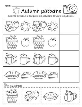 Fall Autumn Patterns Preschool Math Printables Worksheets Cut & Paste September Worksheets, Preschool Apple Worksheets, Kindergarten Counting Worksheets, Patterns Preschool, Fall Preschool Worksheets, Math Counting Worksheets, Preschool Math Printables, Holiday Math Worksheets, Kindergarten Math Curriculum