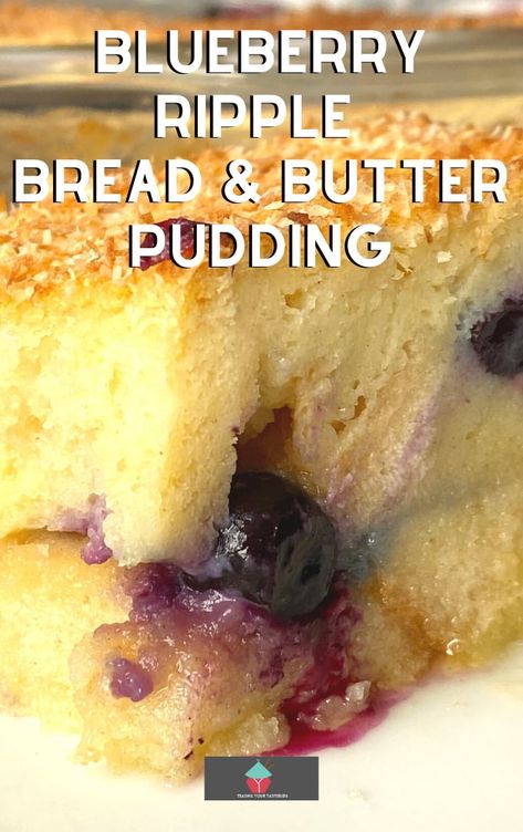 Blueberry Ripple Bread and Butter Pudding, a super easy dessert, a warm fruit breakfast casserole with blueberries and bread baked in a creamy sweet custard. Absolutely delicious served warm with a blob of ice cream, whipped cream, or both! Ripple Bread, Fruit Breakfast Casserole, Super Easy Dessert, Sweet Custard, Great British Food, Super Easy Desserts, Butter Pudding, Bread And Butter Pudding, Fruit Breakfast