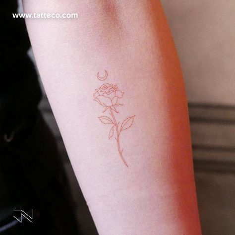 Small Crescent Moon Tattoo, Rose Outline Tattoo, Flower Tats, Small Rose Tattoo, Minimal Tattoo Design, Crescent Moon Tattoo, Red Rose Tattoo, Skeleton Hand Tattoo, Red Ink Tattoos