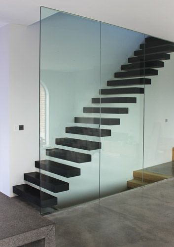 Black stained oak cantilevered staircase by www.flightdesign.co.uk Flight Design, Glass Stairs, Floating Staircase, Basement Stairs, Glass Balustrade, Stained Oak, In Aesthetic, Black Stains, Stairs Design