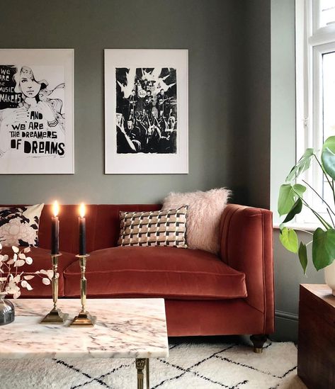 Burnt orange velvet sofa, pink marble coffee table, Beni Ourain rug, Farrow & Ball Pigeon walls Rust Lounge Decor, Burnt Orange Couch, Orange Velvet Sofa, Burnt Orange Living Room, Sofa Living Room Ideas, Colourful House, Velvet Sofa Living Room, Burnt Orange Velvet, Vibrant Living Room