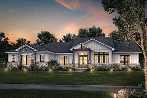 House Plan 80845 - Country, Farmhouse, Ranch Style House Plan with 2574 Sq Ft, 3 Bed, 3 Bath, 2 Car Garage Texas Ranch Homes, House Lifestyle, Ranch Style House, Shingle Exterior, Construction Ideas, Ranch House Plan, Ranch Style House Plans, Texas Ranch, Farmhouse Style House Plans