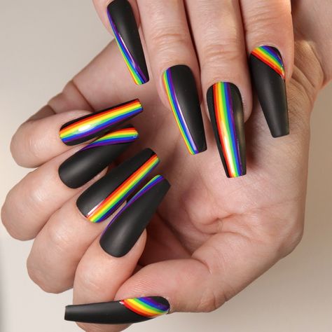 Press on nails pride nails Rainbow Nails Matte, Pride Gothic Nails, Pride Nails Inspiration, Black Nails Rainbow Tips, Coffin Rainbow Nails, Black And Rainbow Nails Art Designs, Pride Ombre Nails, Pride Coffin Nails, Black Pride Nails Designs