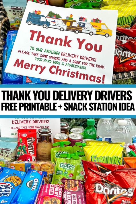 Delivery Person Snack Basket Sign, Delivery Driver Snack Basket Ideas, Snack Bucket, Thank You Baskets, Snack Gift Baskets, Snack Cart, Snack Station, Treat Basket, Volunteer Gifts