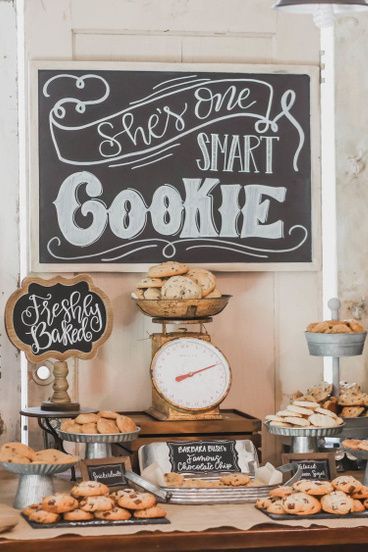 Hand lettered chalkboard signs were the perfect party decoration detail at this One Smart Cookie Graduation Party Freshly Baked Cookie Bar with vintage and rustic touches. Get details and more grad party inspiration now at www.minteventdesign.com! Cookie Bar Graduation Party, Cookie Bar Ideas, One Smart Cookie Bar, One Smart Cookie Graduation Party, Smart Cookie Graduation Party, Cookie Graduation Party, Milk And Cookie Bar, Senior Breakfast, Grad Party Theme