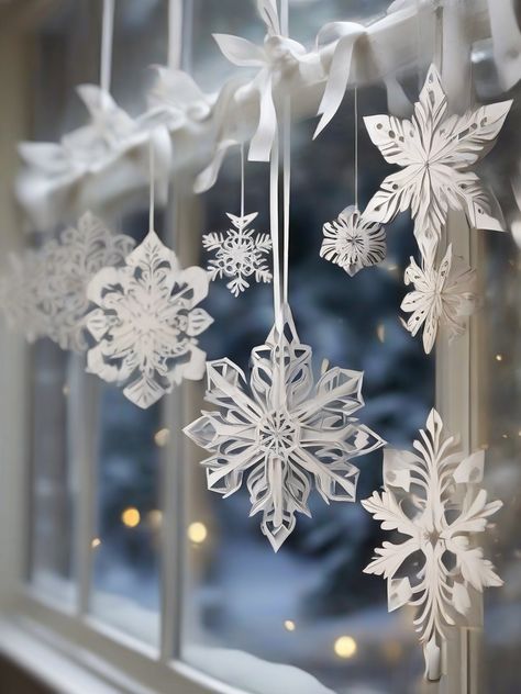 Christmas Snowflake Decor, Paper Snowflake Christmas Tree, Paper Snowflakes From Ceiling, Paper Snowflakes Decor, Snowflake Christmas Decor Ideas, Hanging Paper Snowflakes, Paper Snowflake Decor, Hanging Paper Snowflakes From Ceiling, Paper Snowflakes Aesthetic