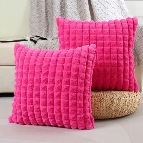 FUTEI Hot Pink Decorative Throw Pillow Covers 26x26 Inch Set of 2,Square Cushion Case,Soft Fluffy Faux Rabbit Fur Plaid/Cozy Velvet,Euro Pillow Shams,Modern Home Decor for Couch Bed Timeless Athleisure, Hot Pink Bedding, Eclectic Grunge, Pink Dorm Room Decor, Hot Pink Room, Hot Pink Bedrooms, Hot Pink Throw Pillows, Edgy Minimalist, Pink Dorm Rooms