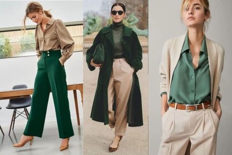 How To Pair Green Pants, Colour Matching Clothes Womens Fashion, Dark Green Combinations Dress, Dark Green Matching Colors Outfit, Emerald Green Color Combinations Outfit, Army Green Color Combinations Outfit, Green Dress Color Combinations, Dark Green Colour Combination Dress, Brown Matching Colors Clothes Outfit