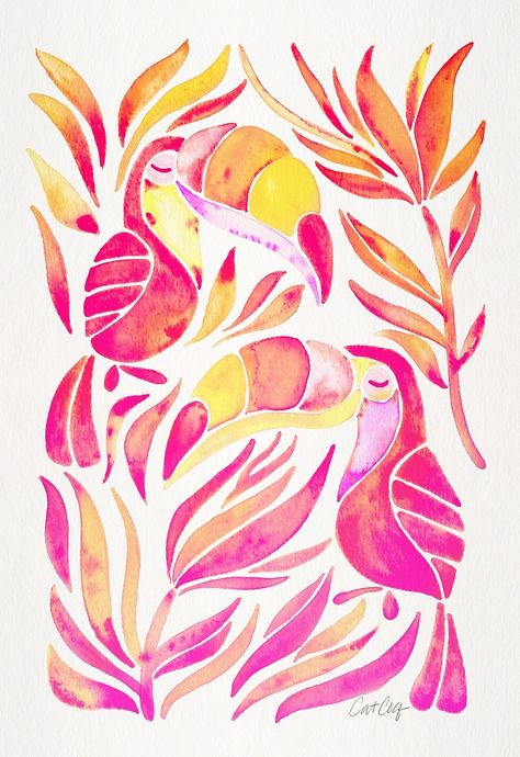 Tropical Toucans – Pink & Melon Ombré by Cat Coquillette Cat Coquillette, Toucan Art, Hand Painted Fabric, Tropical Wall Art, Thai Art, Bird Art Print, Tropical Art, Painting Edges, Colorful Drawings