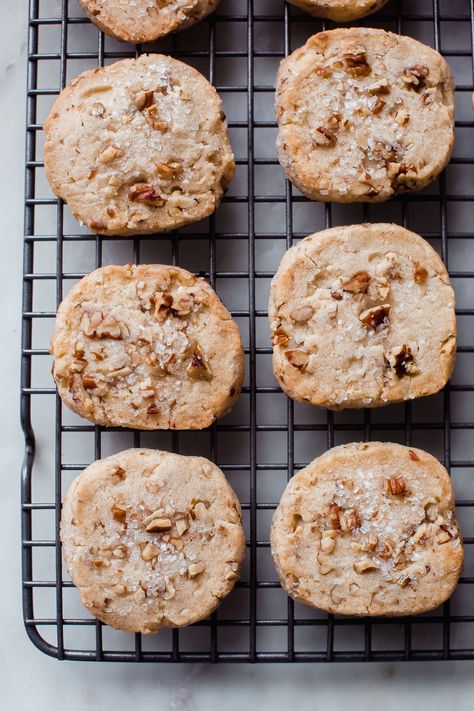 Maple Pecan Shortbread, Pecan Sandie, Snow Cookies, Pecan Shortbread Cookies, Pecan Shortbread, Cookie Board, Pecan Sandies, Maple Syrup Recipes, Shortbread Bars