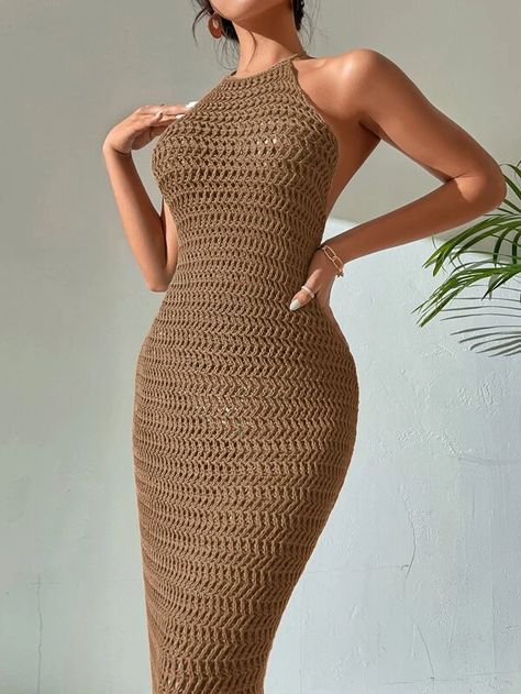 SHEIN VCAY Crochet Backless Halter Neck Bodycon Dress | SHEIN USA Brown Crochet Dress, Sweater Bodycon Dress, Halter Neck Bodycon Dress, Yarn Dress, Crochet Halter Dress, Crochet Cami, Crochet Bodycon Dresses, Knitting Clothes, Skirts Midi High Waisted