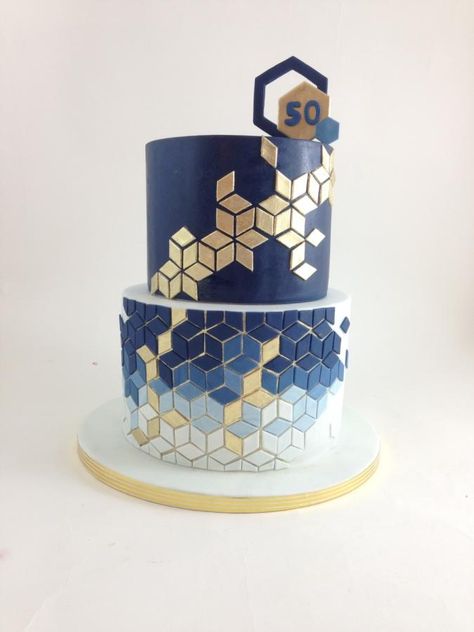 Geometric cake by tomima Mens 50th Birthday Cakes, Mans Birthday Cake, Men Cakes Birthday, Blue Fondant Cake, Mens Birthday Cake, Geometric Cake Design, Men's Birthday Cake, Man Birthday Cake, Blue And White Cake