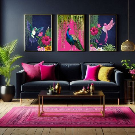 Bright Living Room Designs, Pop Of Colour Bedroom, Vibrant Home Decor, Bold Living Room Ideas, Jewel Tone Office, Jewel Tone Home Decor, Maximalist Home Office, Maximalist Office, Office Wall Art Ideas