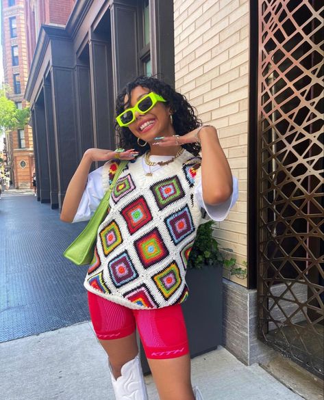 Neon green glasses - colorful sweater vest - white shirt underneath - lime green bag - pink and red biker shorts Biker Shorts Outfit, Shorts Outfit, May 23, Biker Shorts, Sweater Vest, Colorful Sweaters, Short Outfits, Crochet Projects, Tshirt Dress