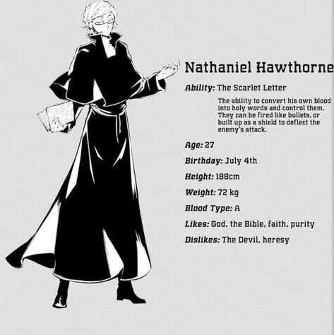 Nathaniel Hawthorne Bsd, Nathaniel Bsd, Nathaniel Hawthorne, Bungou Stray Dogs Characters, Christian Men, Bongou Stray Dogs, Stray Dogs Anime, Hunting Dogs, Dark Anime